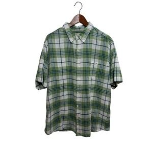 Weatherproof Vintage Button Down Mens Green Plaid XL Washable Linen Short Sleeve